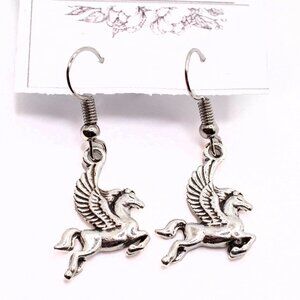 Handmade Silvertone Pegasus Magical Winged Horse Dangle Earrings, New
